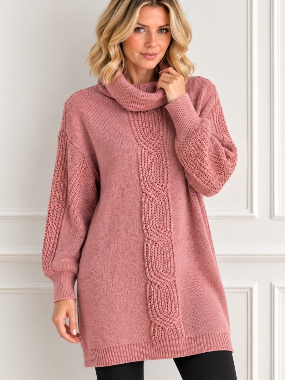 Full Circle Trends Dusty Rose Cable Knit Sweater Dress | Large
